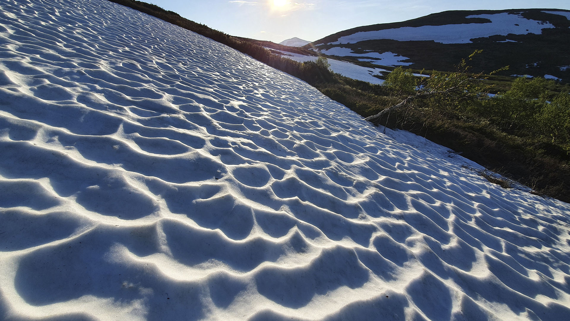 Solen lyser på snöklädd mark.